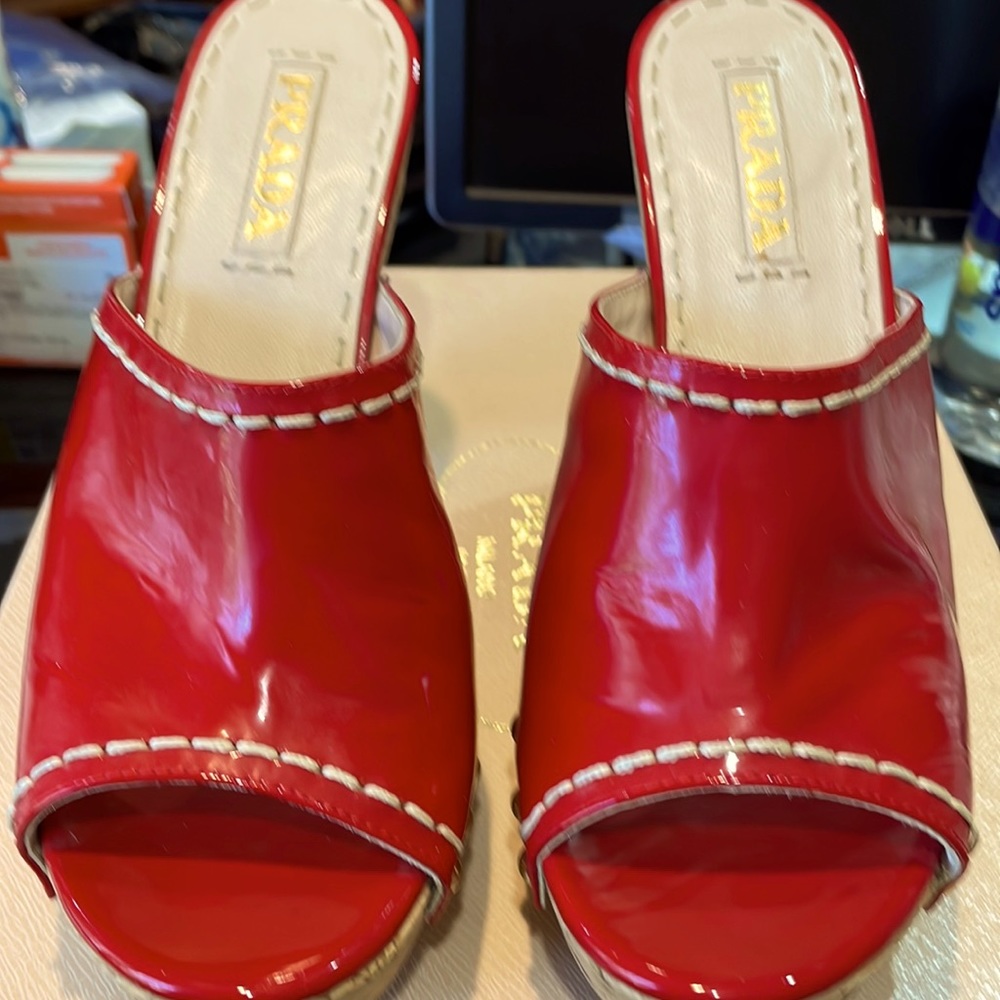 Prada Red Patent Leather cork wedges size 39